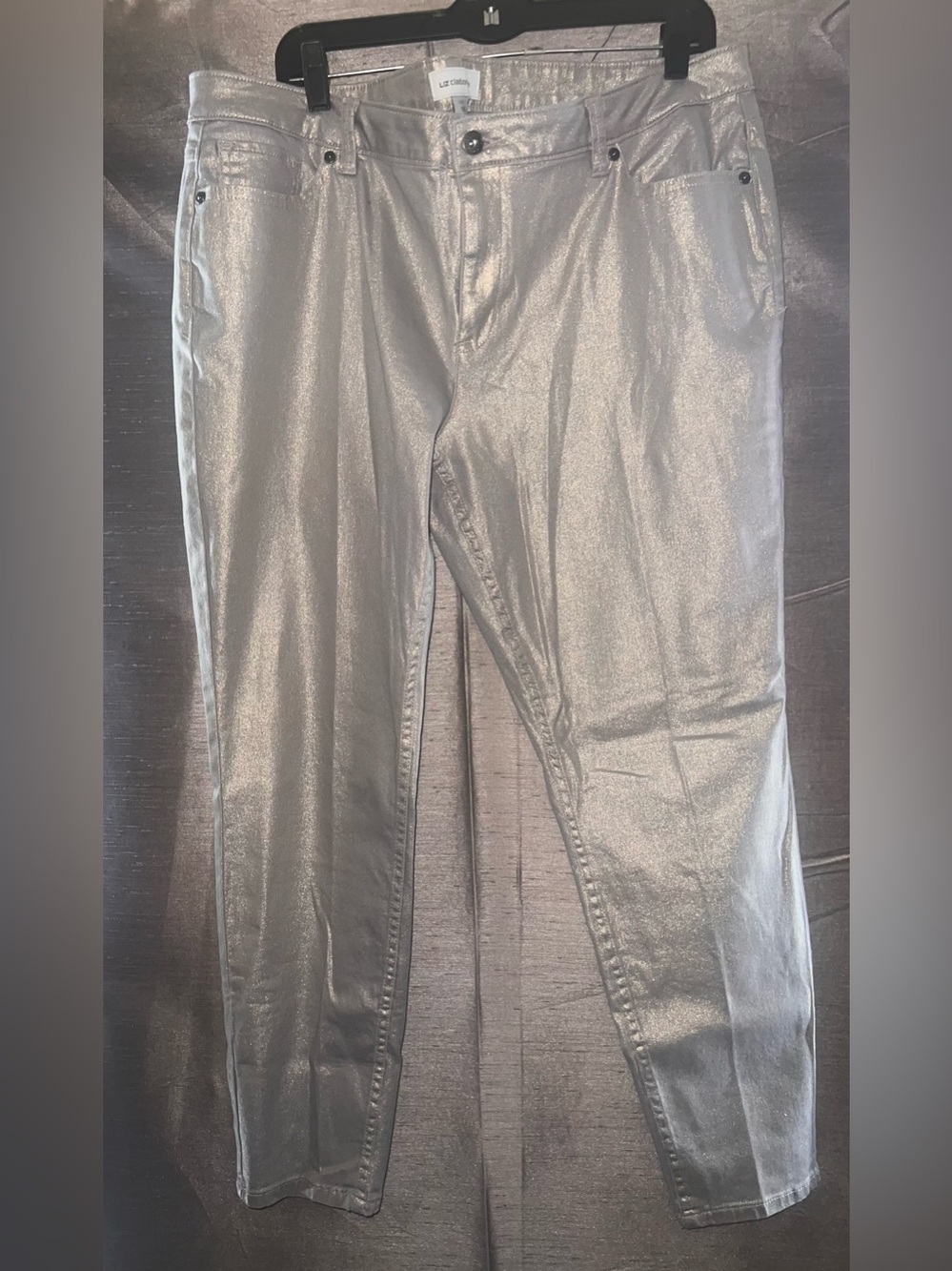 Liz Claiborne Metallic Silver Coated Straight Leg Skinny Jeans Size 16